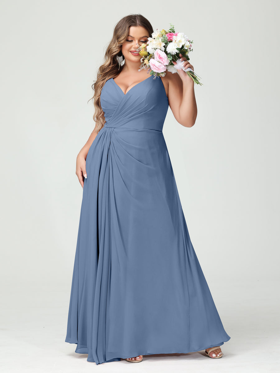 Vestidos Princesa/ Formato A com Alças Finas Sem Mangas Em Chiffon com Divisão Lateral Plus Size Vestidos de Dama de Honra com Bolsos