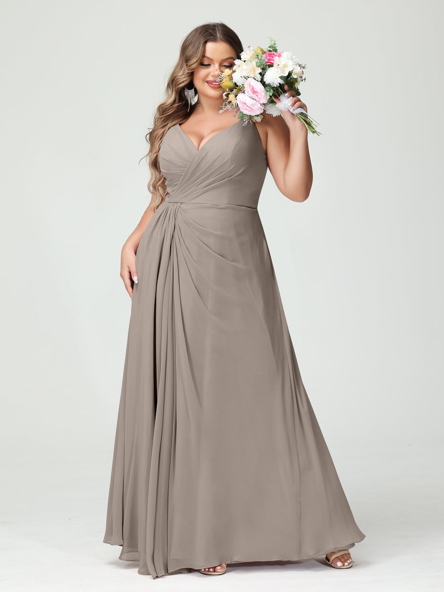 Vestidos Princesa/ Formato A com Alças Finas Sem Mangas Em Chiffon com Divisão Lateral Plus Size Vestidos de Dama de Honra com Bolsos
