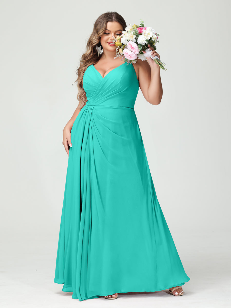 Vestidos Princesa/ Formato A com Alças Finas Sem Mangas Em Chiffon com Divisão Lateral Plus Size Vestidos de Dama de Honra com Bolsos