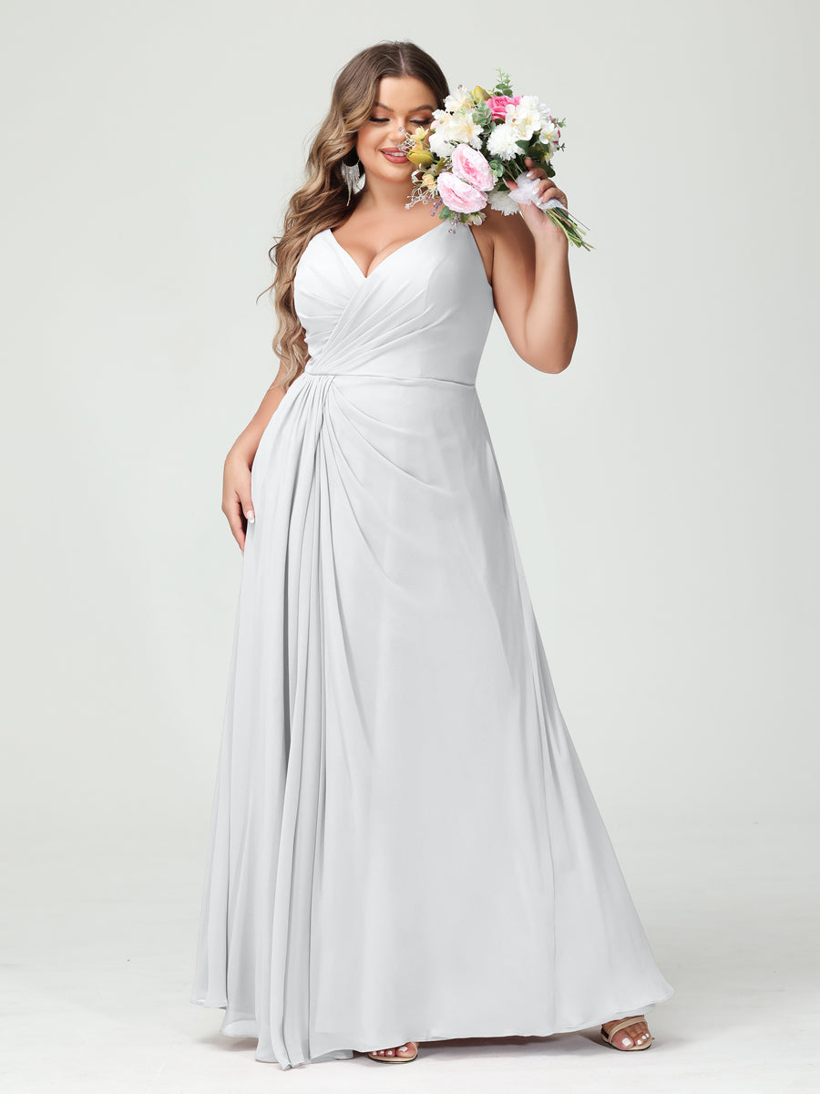Vestidos Princesa/ Formato A com Alças Finas Sem Mangas Em Chiffon com Divisão Lateral Plus Size Vestidos de Dama de Honra com Bolsos