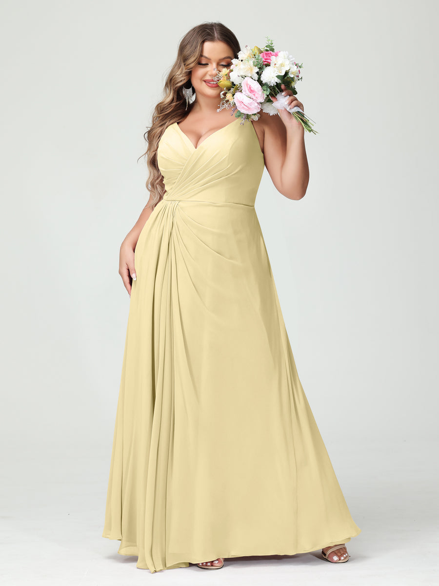 Vestidos Princesa/ Formato A com Alças Finas Sem Mangas Em Chiffon com Divisão Lateral Plus Size Vestidos de Dama de Honra com Bolsos