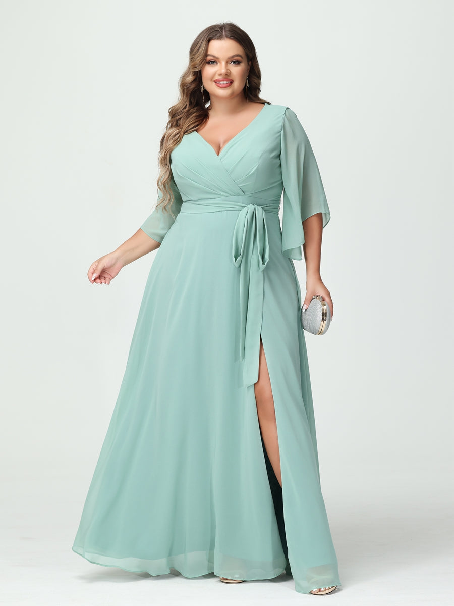 Vestidos Princesa/ Formato A Decote Em V Manga Comprida Chiffon Lado Dividido Plus Size Vestidos de Dama de Honra com Bolsos Cinto
