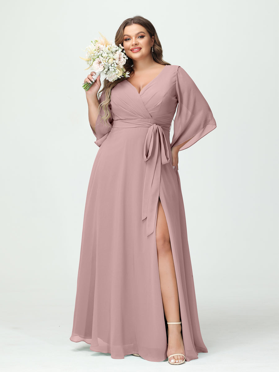 Vestidos Princesa/ Formato A Decote Em V Manga Comprida Chiffon Lado Dividido Plus Size Vestidos de Dama de Honra com Bolsos Cinto