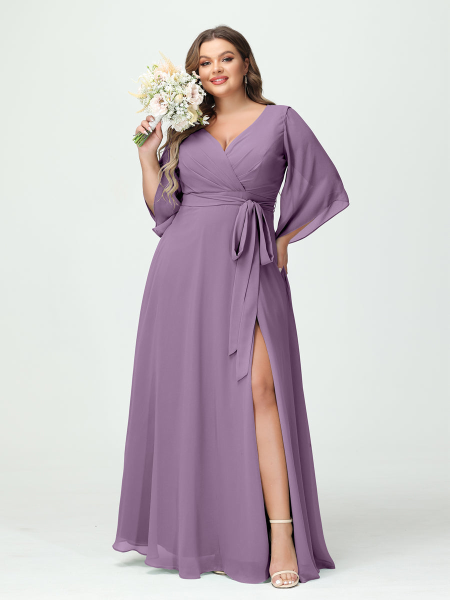 Vestidos Princesa/ Formato A Decote Em V Manga Comprida Chiffon Lado Dividido Plus Size Vestidos de Dama de Honra com Bolsos Cinto