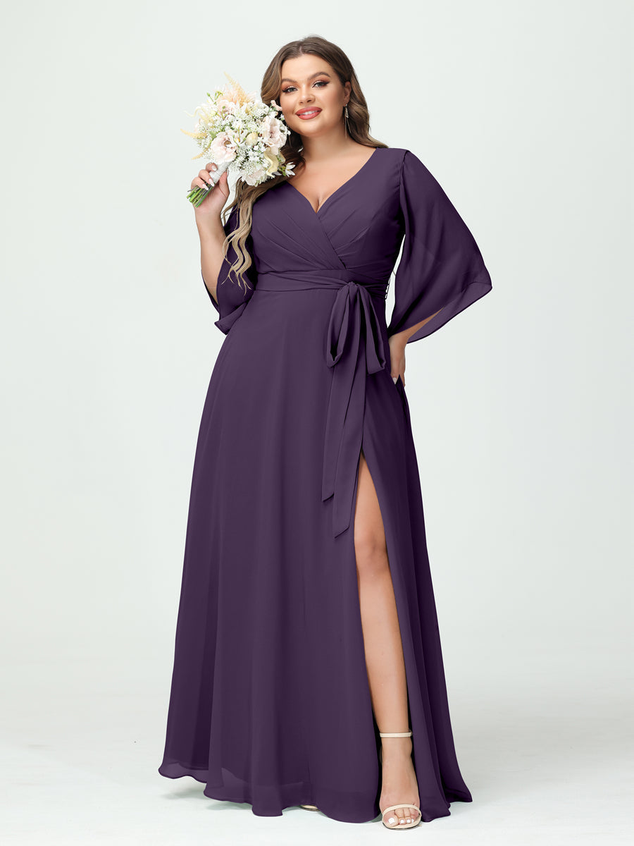 Vestidos Princesa/ Formato A Decote Em V Manga Comprida Chiffon Lado Dividido Plus Size Vestidos de Dama de Honra com Bolsos Cinto