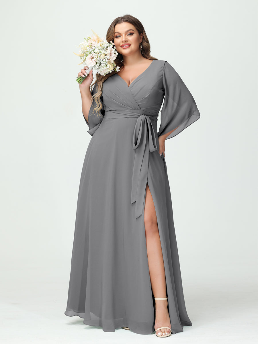 Vestidos Princesa/ Formato A Decote Em V Manga Comprida Chiffon Lado Dividido Plus Size Vestidos de Dama de Honra com Bolsos Cinto