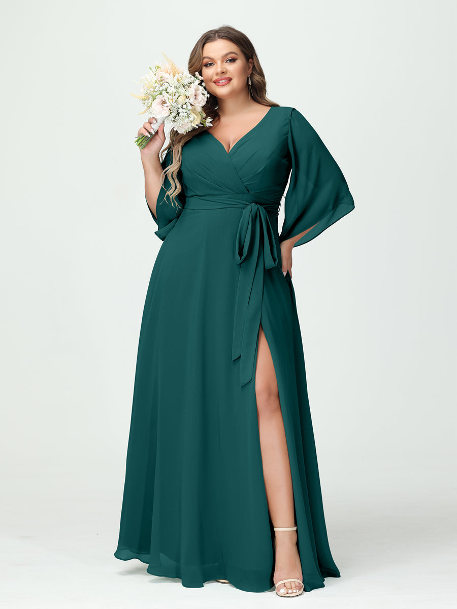 Vestidos Princesa/ Formato A Decote Em V Manga Comprida Chiffon Lado Dividido Plus Size Vestidos de Dama de Honra com Bolsos Cinto