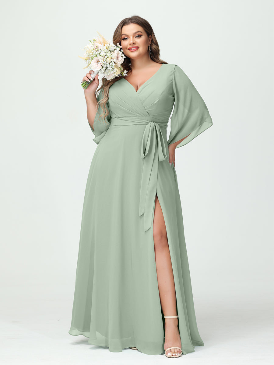 Vestidos Princesa/ Formato A Decote Em V Manga Comprida Chiffon Lado Dividido Plus Size Vestidos de Dama de Honra com Bolsos Cinto