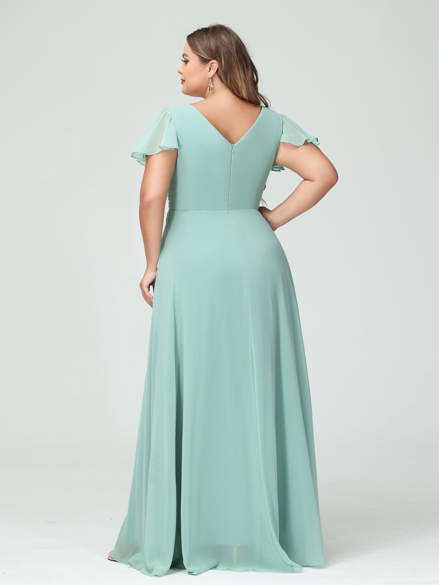 Princesa/Formato A Decote Em V Manga Curta Chiffon Dividir Lateral Plus Size Vestidos de Dama de Honra com Bolsos