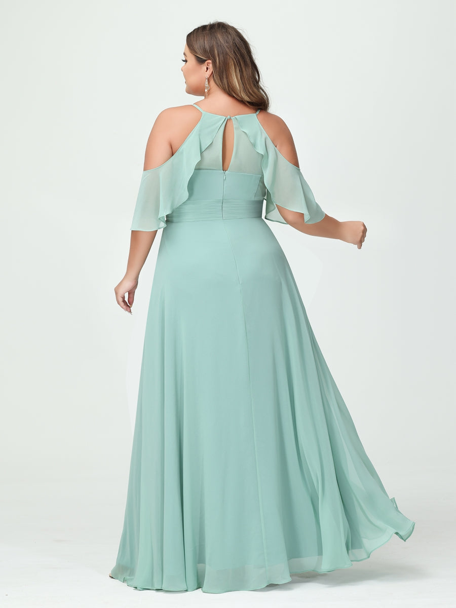 Vestidos Princesa/ Formato A com Alças Finas Manga Curta Chiffon Franzido Lado Dividido Vestidos de Dama de Honra Tamanho Grande com Bolsos