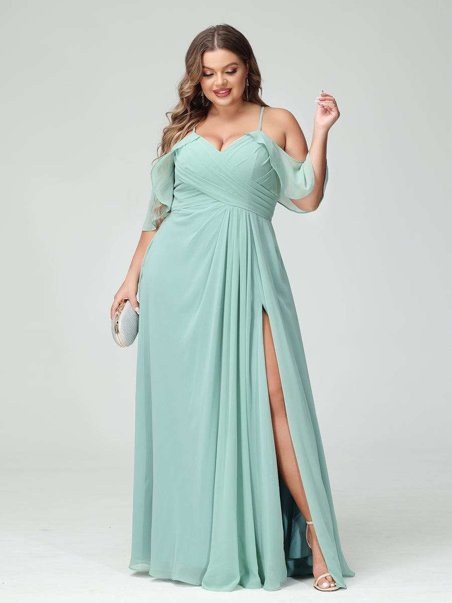 Vestidos Princesa/ Formato A com Alças Finas Manga Curta Chiffon Franzido Lado Dividido Vestidos de Dama de Honra Tamanho Grande com Bolsos