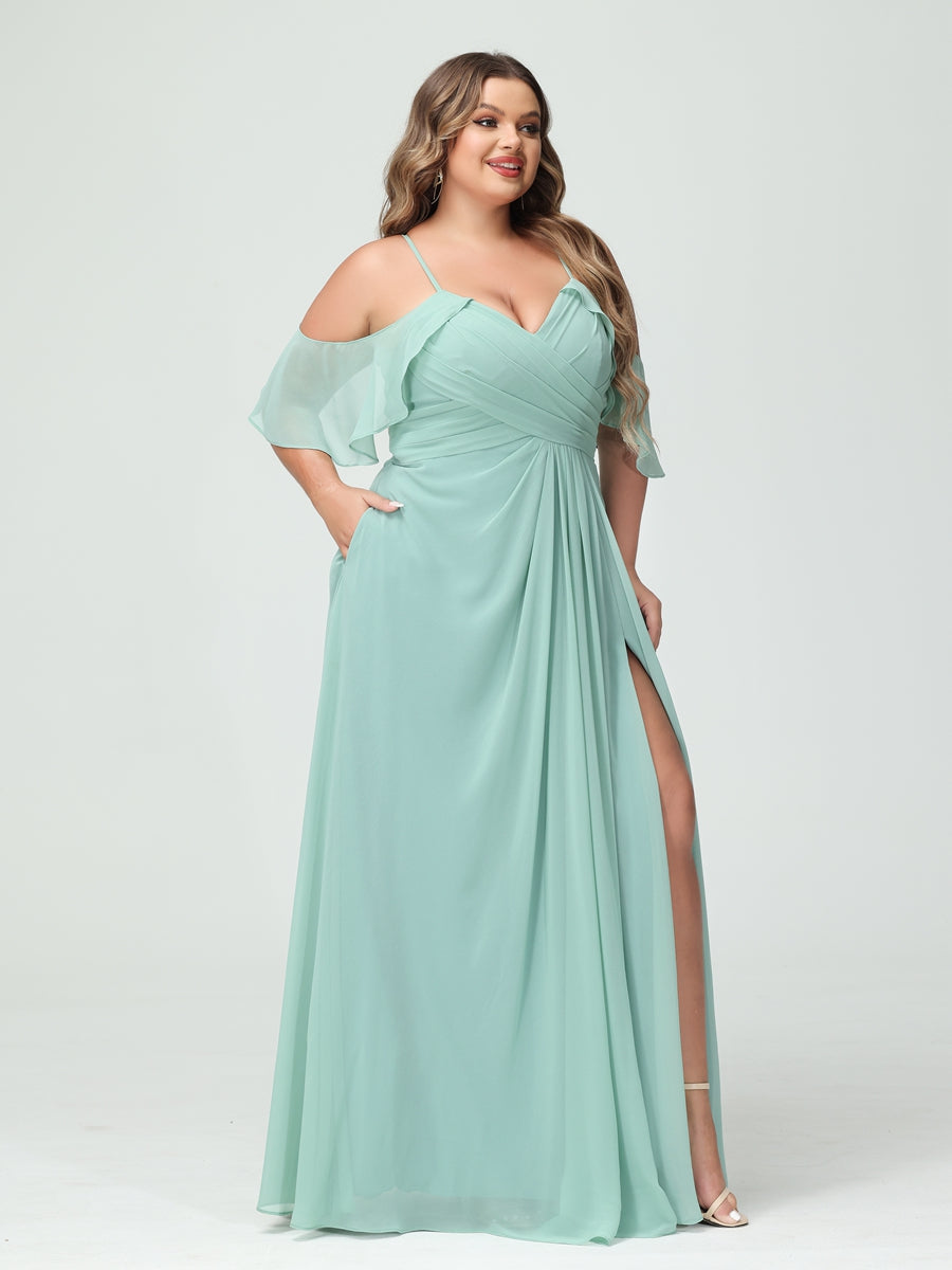 Vestidos Princesa/ Formato A com Alças Finas Manga Curta Chiffon Franzido Lado Dividido Vestidos de Dama de Honra Tamanho Grande com Bolsos