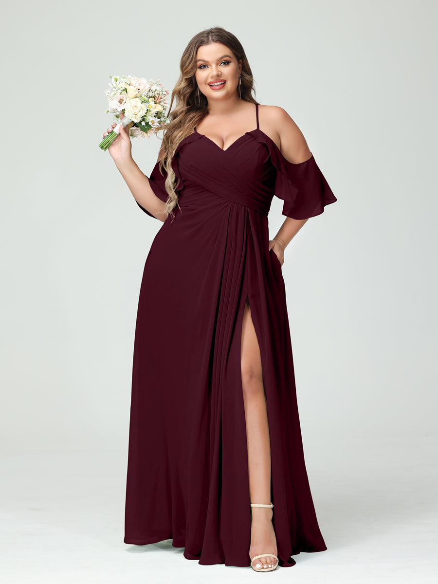 Vestidos Princesa/ Formato A com Alças Finas Manga Curta Chiffon Franzido Lado Dividido Vestidos de Dama de Honra Tamanho Grande com Bolsos