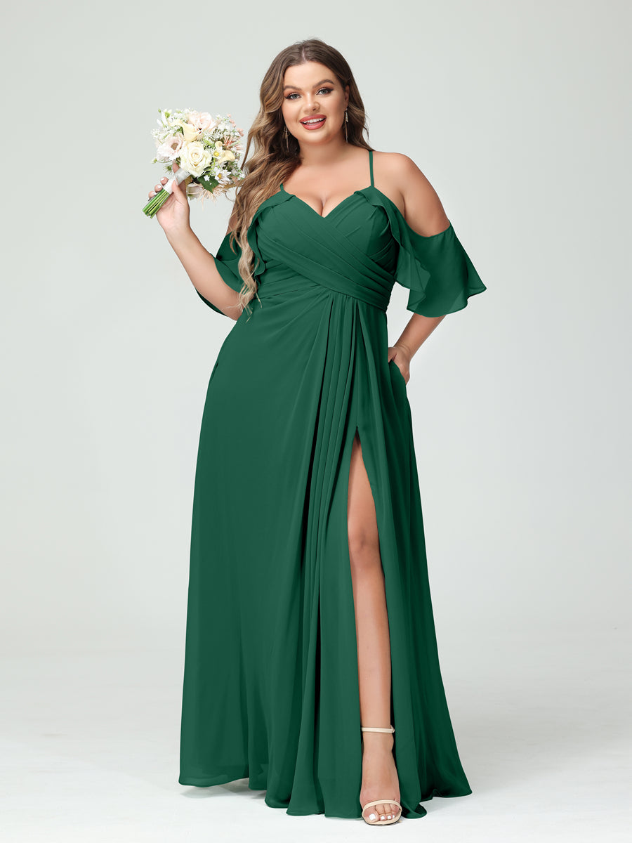 Vestidos Princesa/ Formato A com Alças Finas Manga Curta Chiffon Franzido Lado Dividido Vestidos de Dama de Honra Tamanho Grande com Bolsos