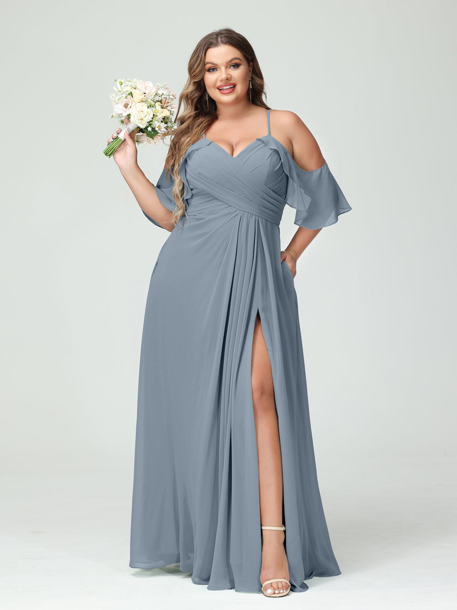 Vestidos Princesa/ Formato A com Alças Finas Manga Curta Chiffon Franzido Lado Dividido Vestidos de Dama de Honra Tamanho Grande com Bolsos