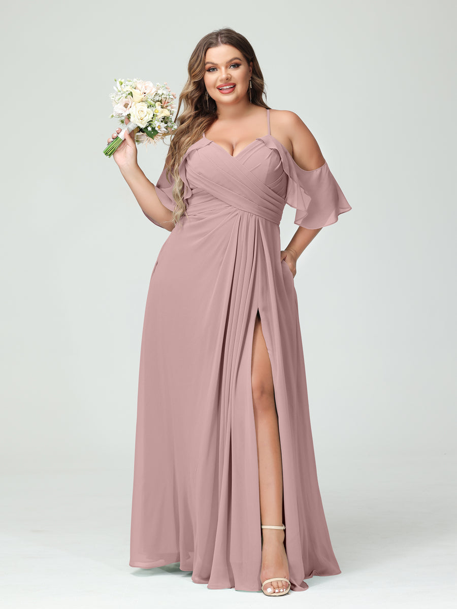 Vestidos Princesa/ Formato A com Alças Finas Manga Curta Chiffon Franzido Lado Dividido Vestidos de Dama de Honra Tamanho Grande com Bolsos