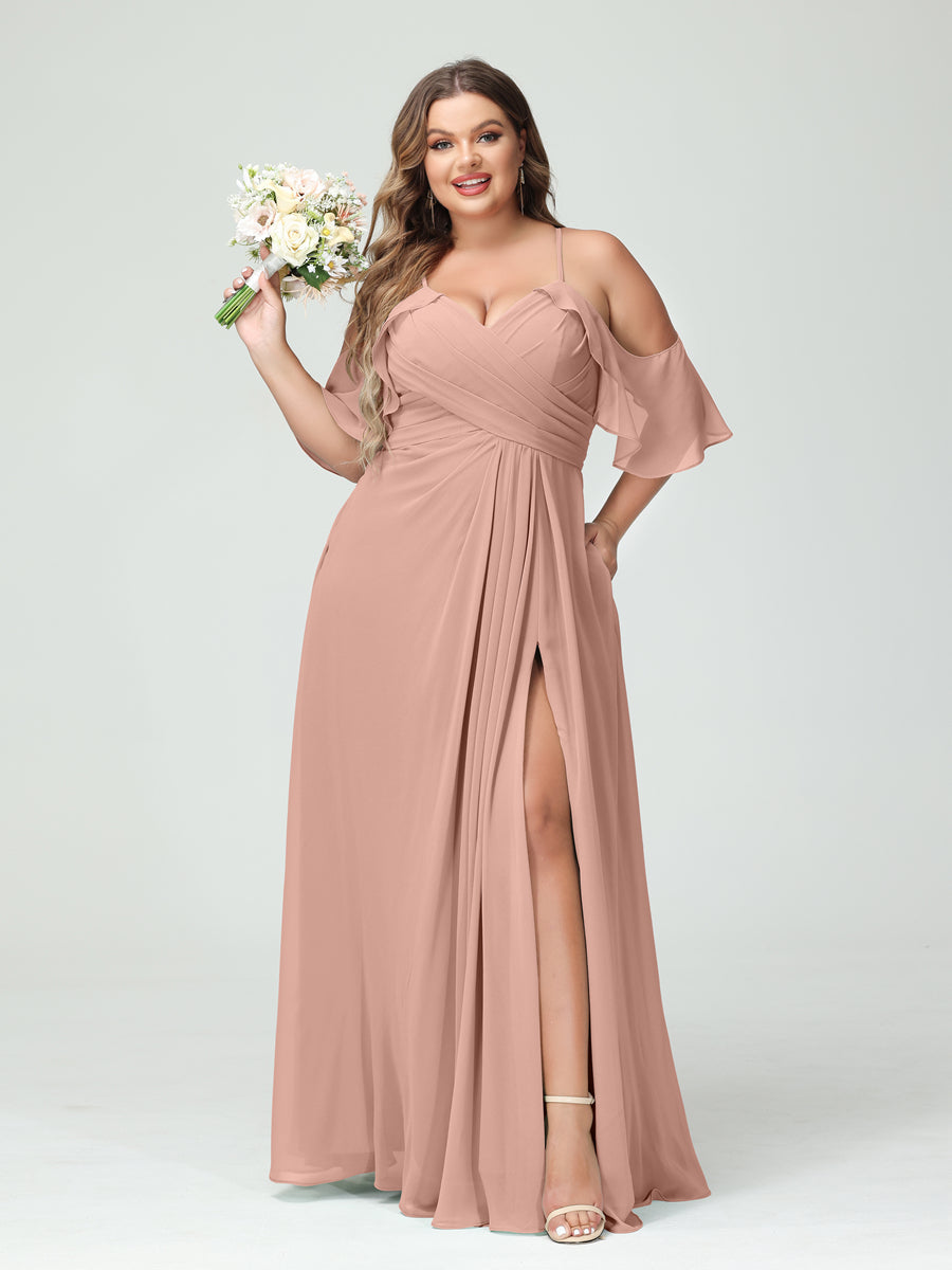 Vestidos Princesa/ Formato A com Alças Finas Manga Curta Chiffon Franzido Lado Dividido Vestidos de Dama de Honra Tamanho Grande com Bolsos