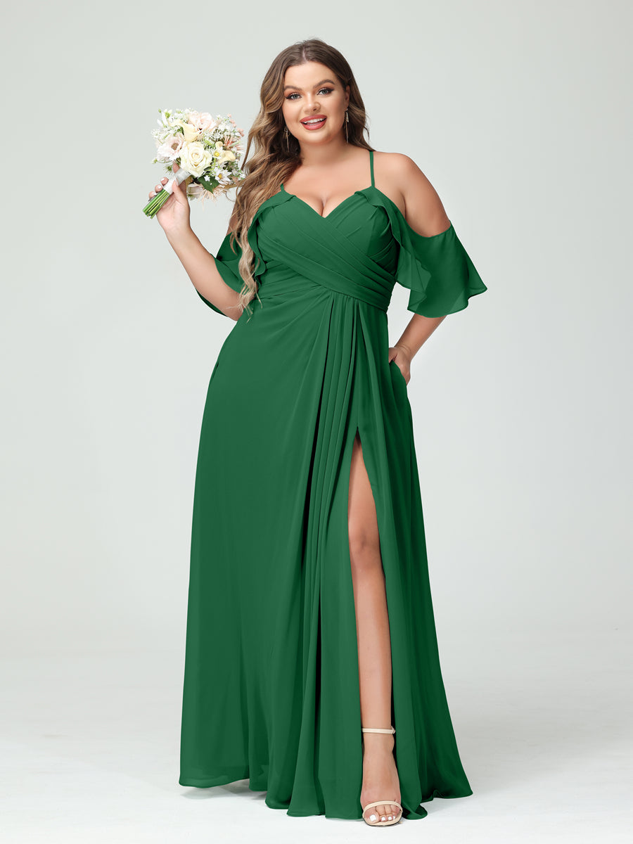 Vestidos Princesa/ Formato A com Alças Finas Manga Curta Chiffon Franzido Lado Dividido Vestidos de Dama de Honra Tamanho Grande com Bolsos