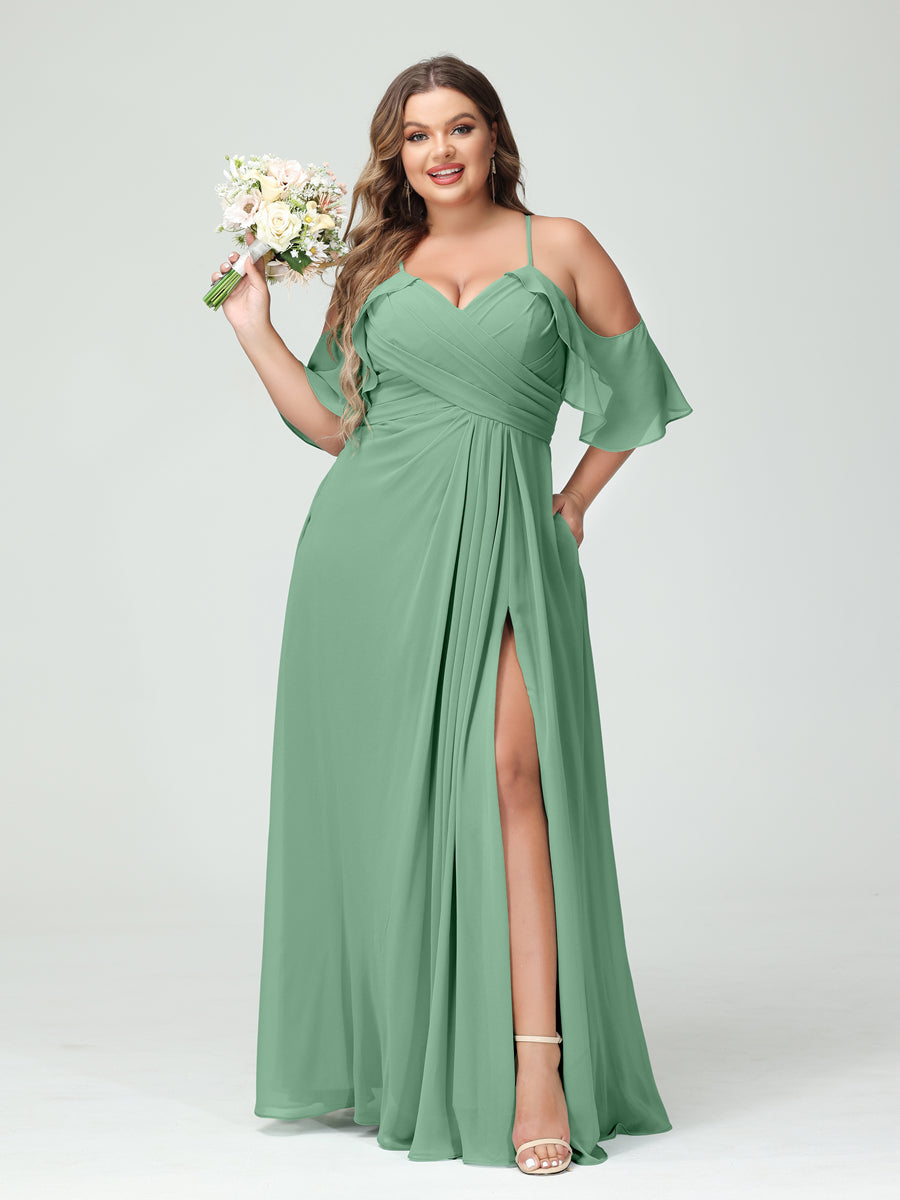 Vestidos Princesa/ Formato A com Alças Finas Manga Curta Chiffon Franzido Lado Dividido Vestidos de Dama de Honra Tamanho Grande com Bolsos