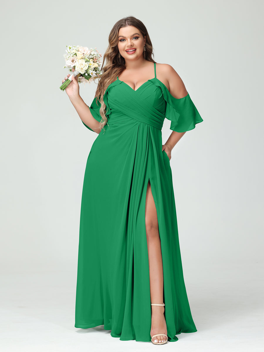 Vestidos Princesa/ Formato A com Alças Finas Manga Curta Chiffon Franzido Lado Dividido Vestidos de Dama de Honra Tamanho Grande com Bolsos
