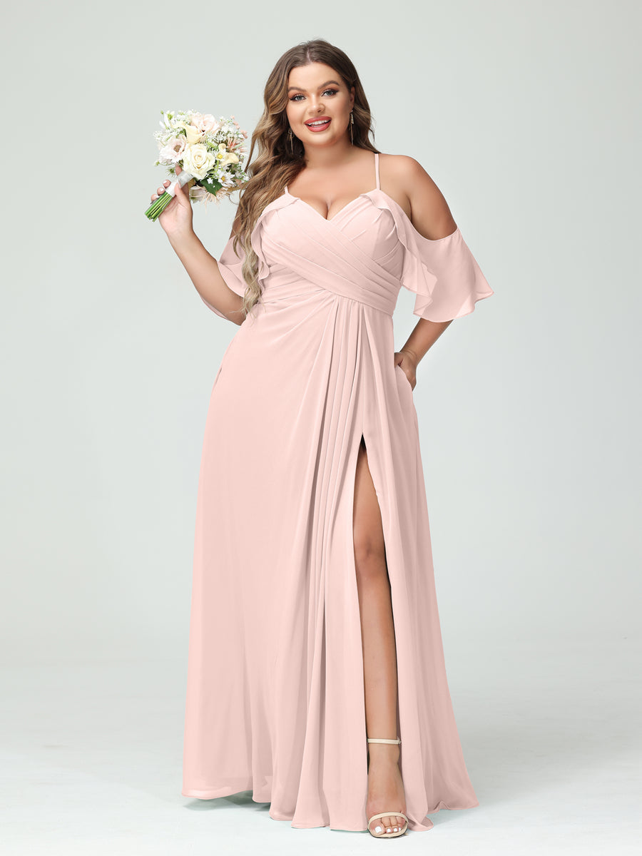 Vestidos Princesa/ Formato A com Alças Finas Manga Curta Chiffon Franzido Lado Dividido Vestidos de Dama de Honra Tamanho Grande com Bolsos