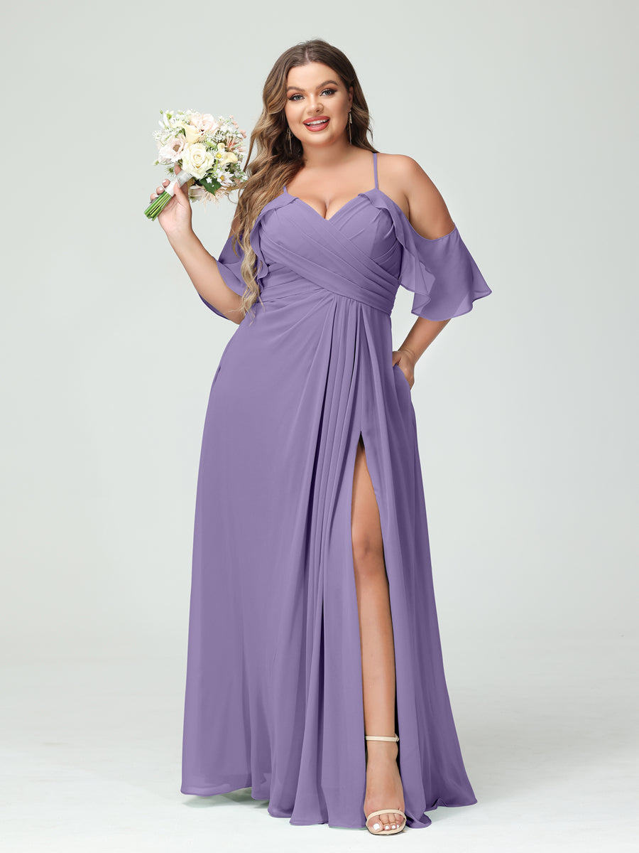 Vestidos Princesa/ Formato A com Alças Finas Manga Curta Chiffon Franzido Lado Dividido Vestidos de Dama de Honra Tamanho Grande com Bolsos