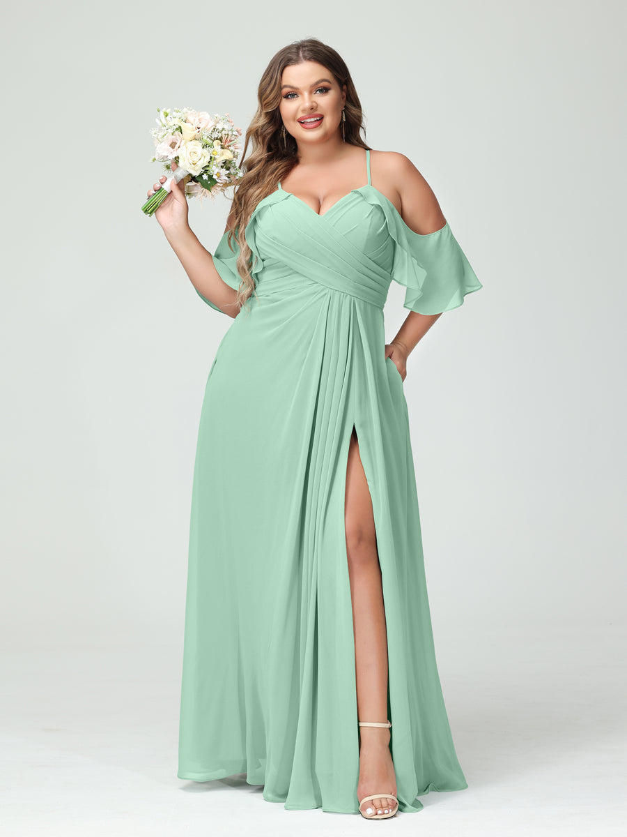 Vestidos Princesa/ Formato A com Alças Finas Manga Curta Chiffon Franzido Lado Dividido Vestidos de Dama de Honra Tamanho Grande com Bolsos