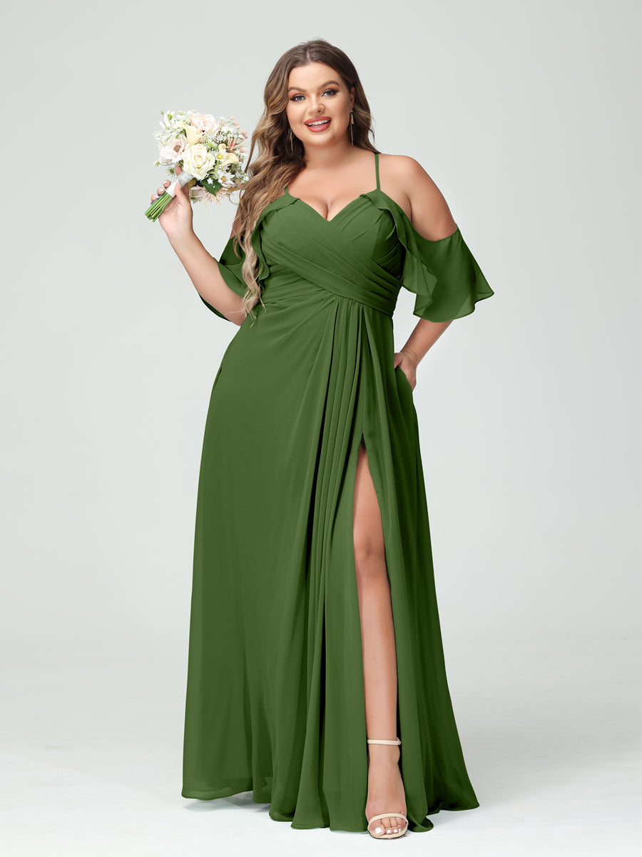 Vestidos Princesa/ Formato A com Alças Finas Manga Curta Chiffon Franzido Lado Dividido Vestidos de Dama de Honra Tamanho Grande com Bolsos