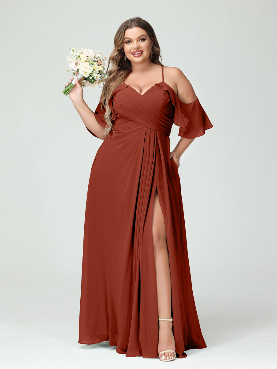 Vestidos Princesa/ Formato A com Alças Finas Manga Curta Chiffon Franzido Lado Dividido Vestidos de Dama de Honra Tamanho Grande com Bolsos