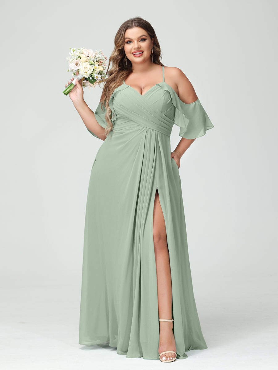 Vestidos Princesa/ Formato A com Alças Finas Manga Curta Chiffon Franzido Lado Dividido Vestidos de Dama de Honra Tamanho Grande com Bolsos
