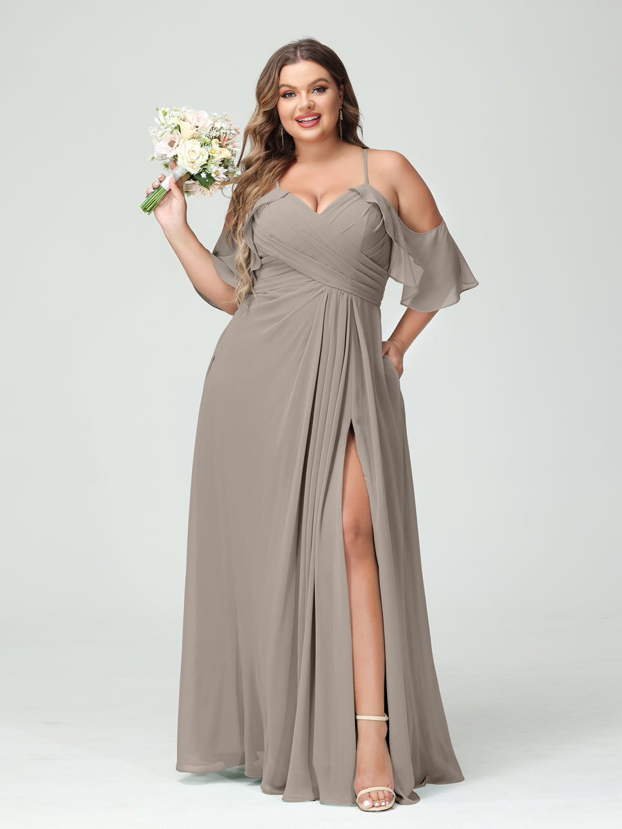 Vestidos Princesa/ Formato A com Alças Finas Manga Curta Chiffon Franzido Lado Dividido Vestidos de Dama de Honra Tamanho Grande com Bolsos