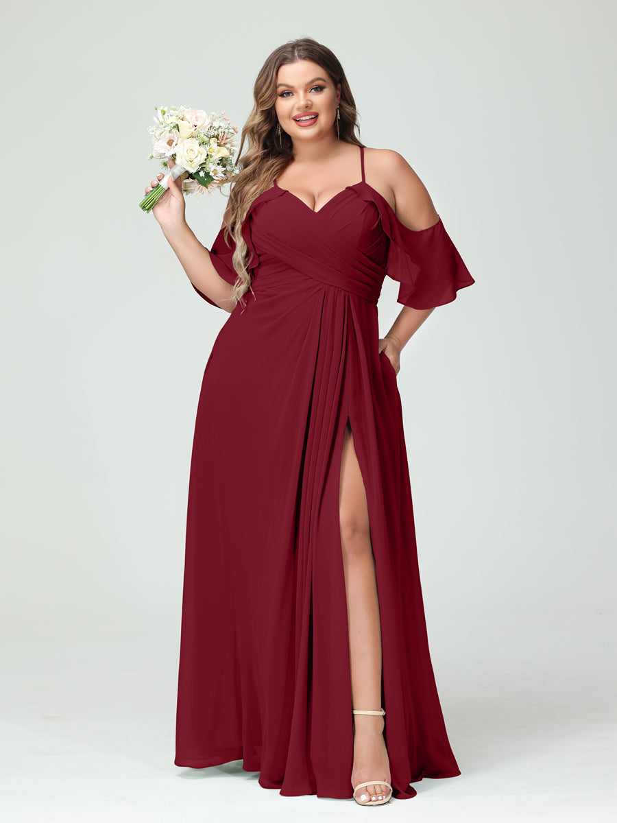 Vestidos Princesa/ Formato A com Alças Finas Manga Curta Chiffon Franzido Lado Dividido Vestidos de Dama de Honra Tamanho Grande com Bolsos