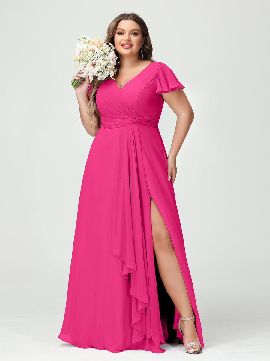 Princesa/Formato A Decote Em V Manga Curta Chiffon Babados Split Side Plus Size Vestidos de Dama de Honra com Bolsos