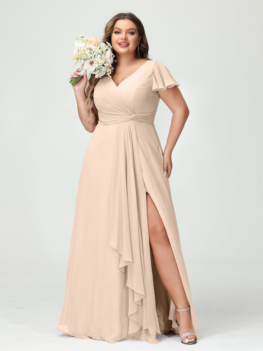 Princesa/Formato A Decote Em V Manga Curta Chiffon Babados Split Side Plus Size Vestidos de Dama de Honra com Bolsos