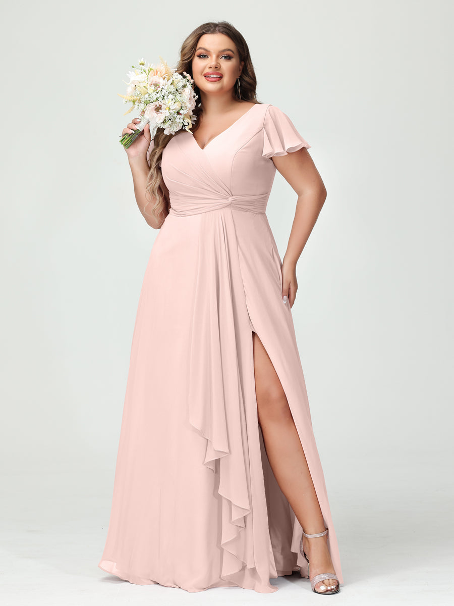 Princesa/Formato A Decote Em V Manga Curta Chiffon Babados Split Side Plus Size Vestidos de Dama de Honra com Bolsos