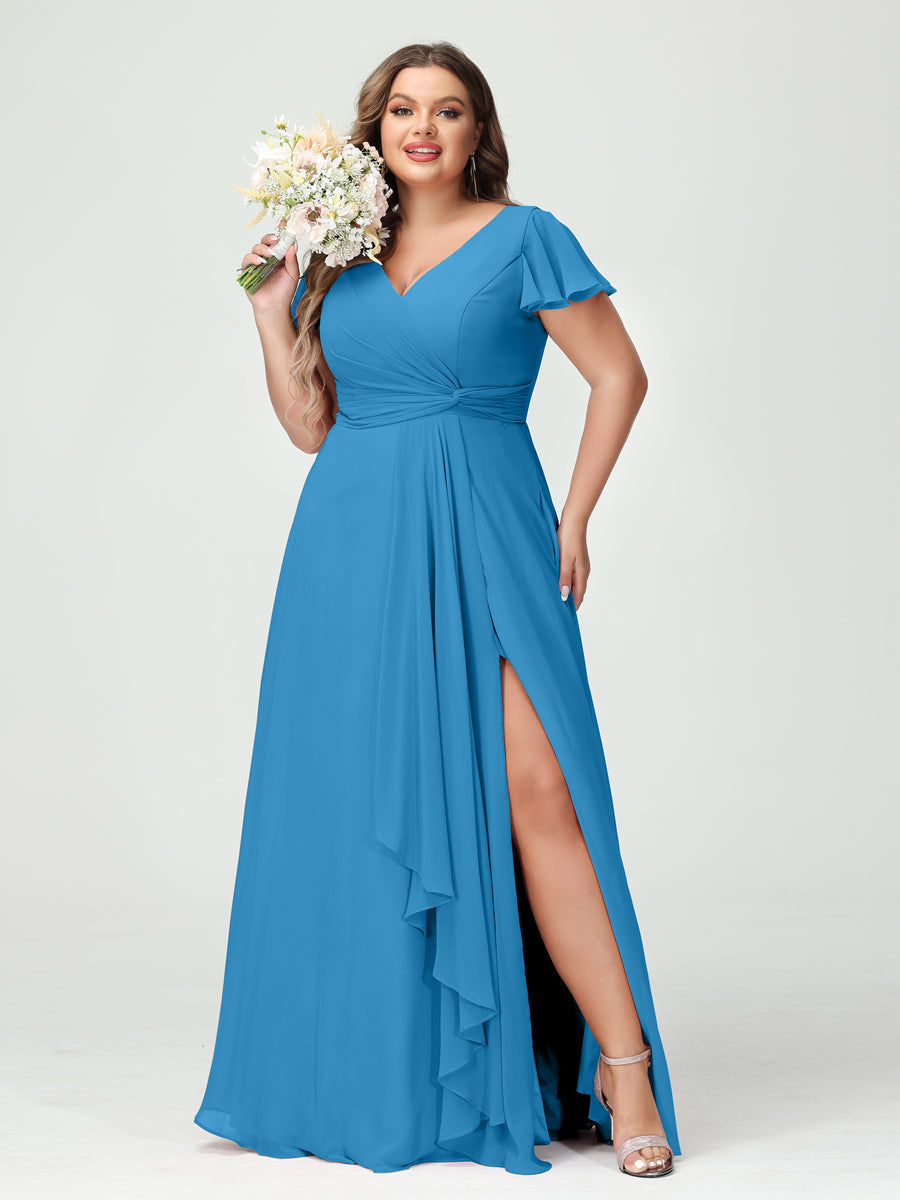 Princesa/Formato A Decote Em V Manga Curta Chiffon Babados Split Side Plus Size Vestidos de Dama de Honra com Bolsos