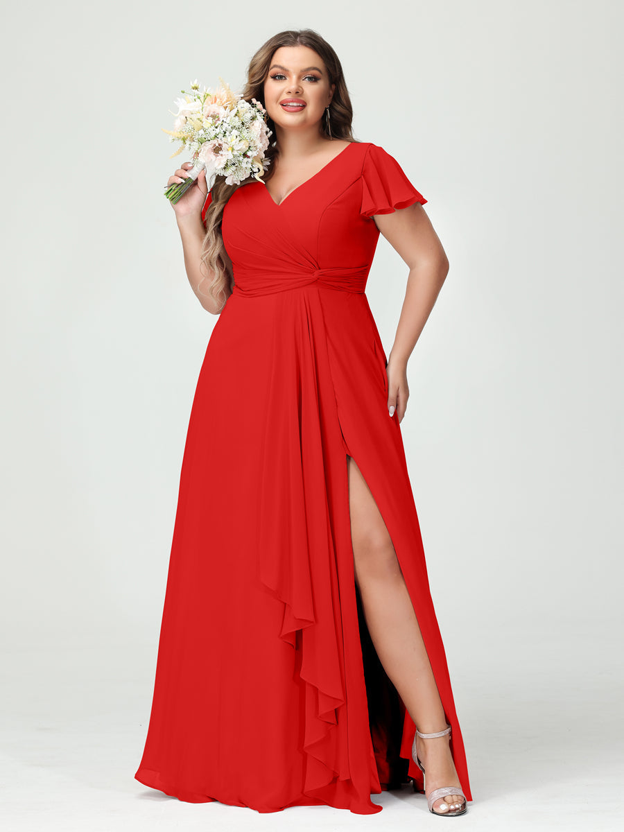 Princesa/Formato A Decote Em V Manga Curta Chiffon Babados Split Side Plus Size Vestidos de Dama de Honra com Bolsos