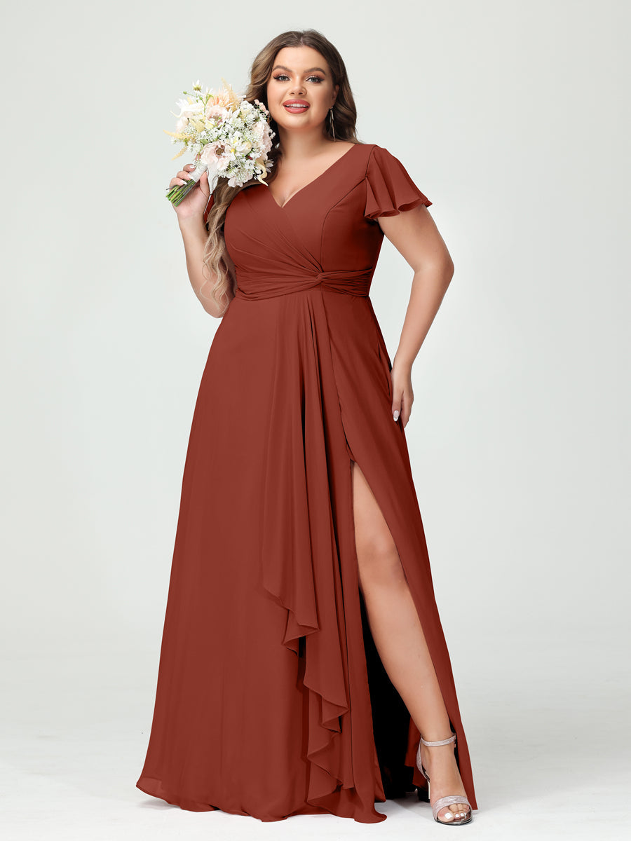 Princesa/Formato A Decote Em V Manga Curta Chiffon Babados Split Side Plus Size Vestidos de Dama de Honra com Bolsos
