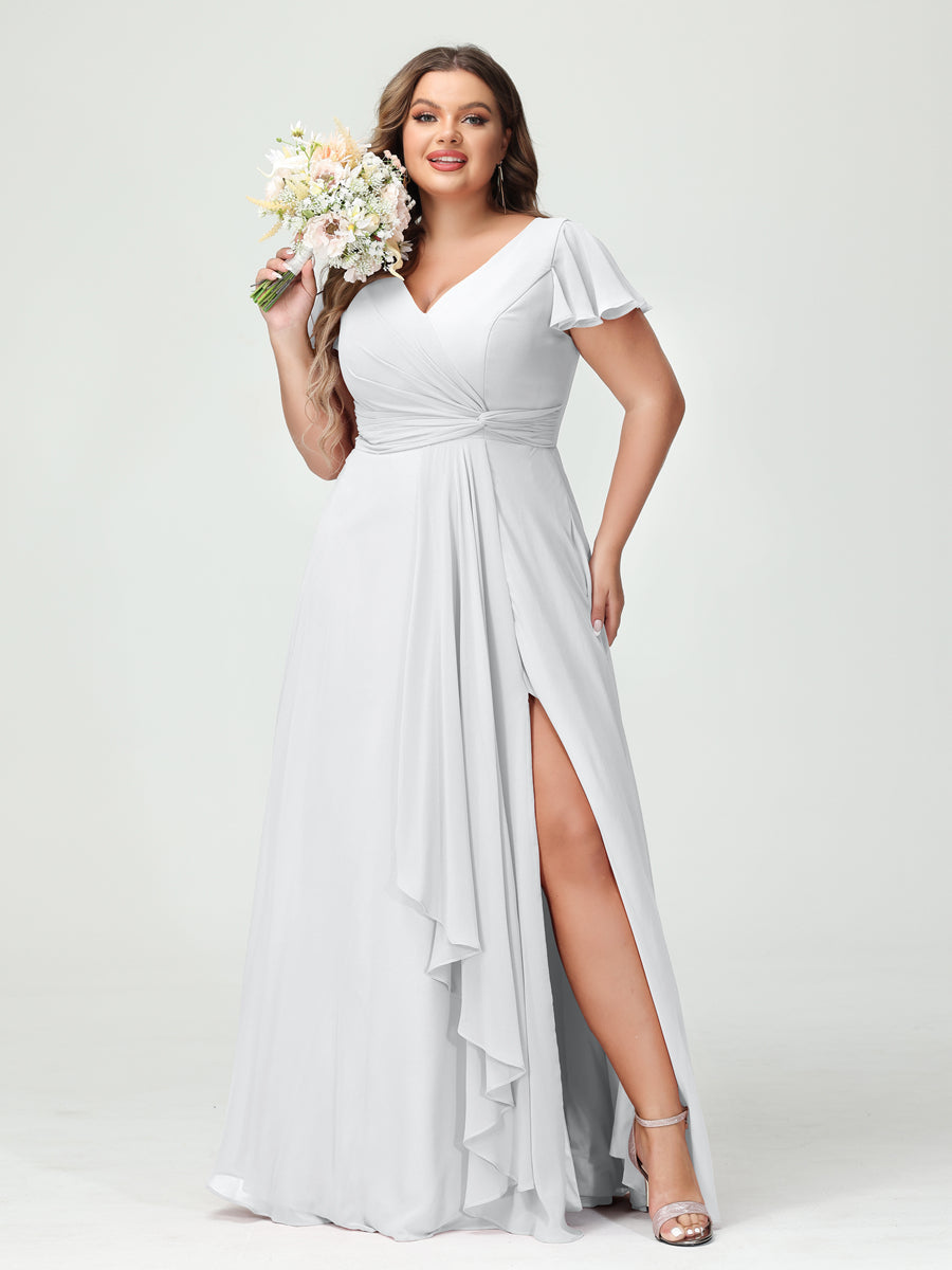 Princesa/Formato A Decote Em V Manga Curta Chiffon Babados Split Side Plus Size Vestidos de Dama de Honra com Bolsos