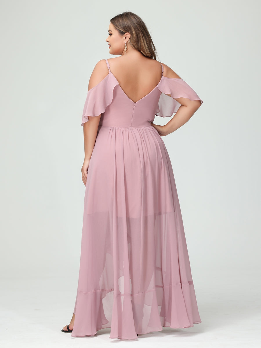 Princesa/Formato A Decote Em V Manga Curta Chiffon Folhos Assimétrico Plus Size Vestidos de Madrinha