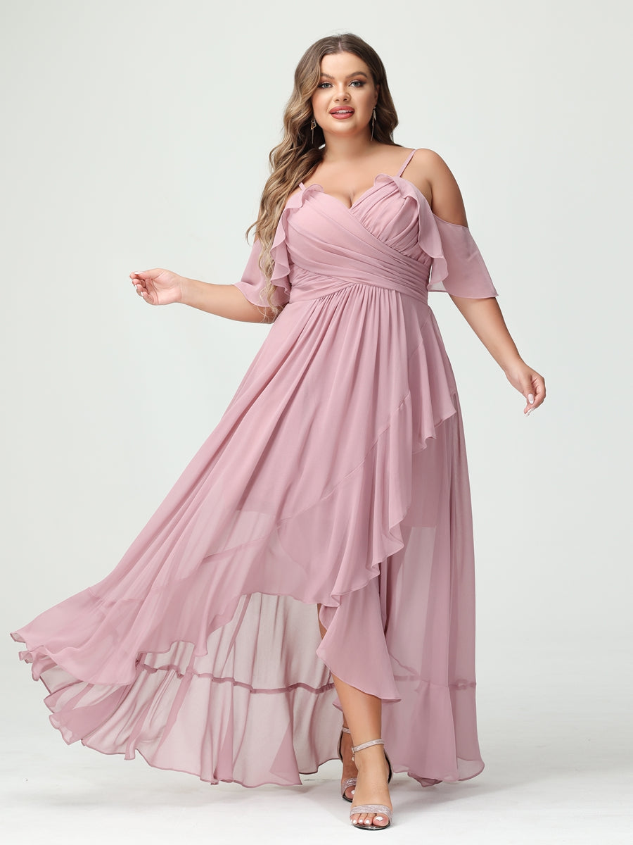 Princesa/Formato A Decote Em V Manga Curta Chiffon Folhos Assimétrico Plus Size Vestidos de Madrinha
