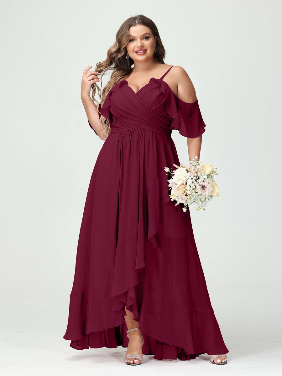 Princesa/Formato A Decote Em V Manga Curta Chiffon Folhos Assimétrico Plus Size Vestidos de Madrinha