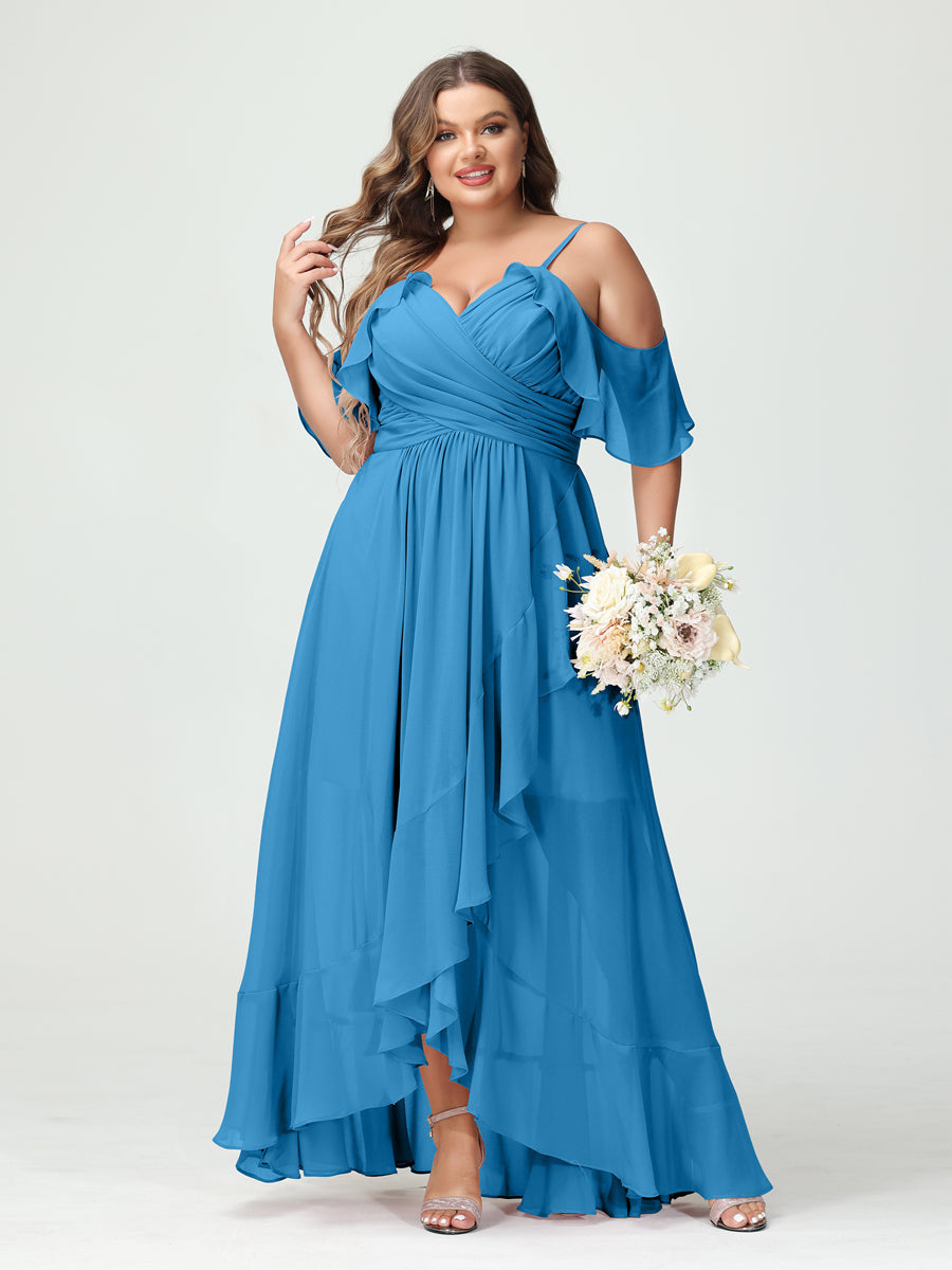 Princesa/Formato A Decote Em V Manga Curta Chiffon Folhos Assimétrico Plus Size Vestidos de Madrinha