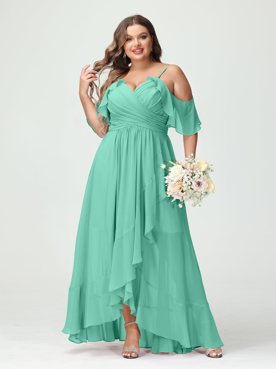 Princesa/Formato A Decote Em V Manga Curta Chiffon Folhos Assimétrico Plus Size Vestidos de Madrinha