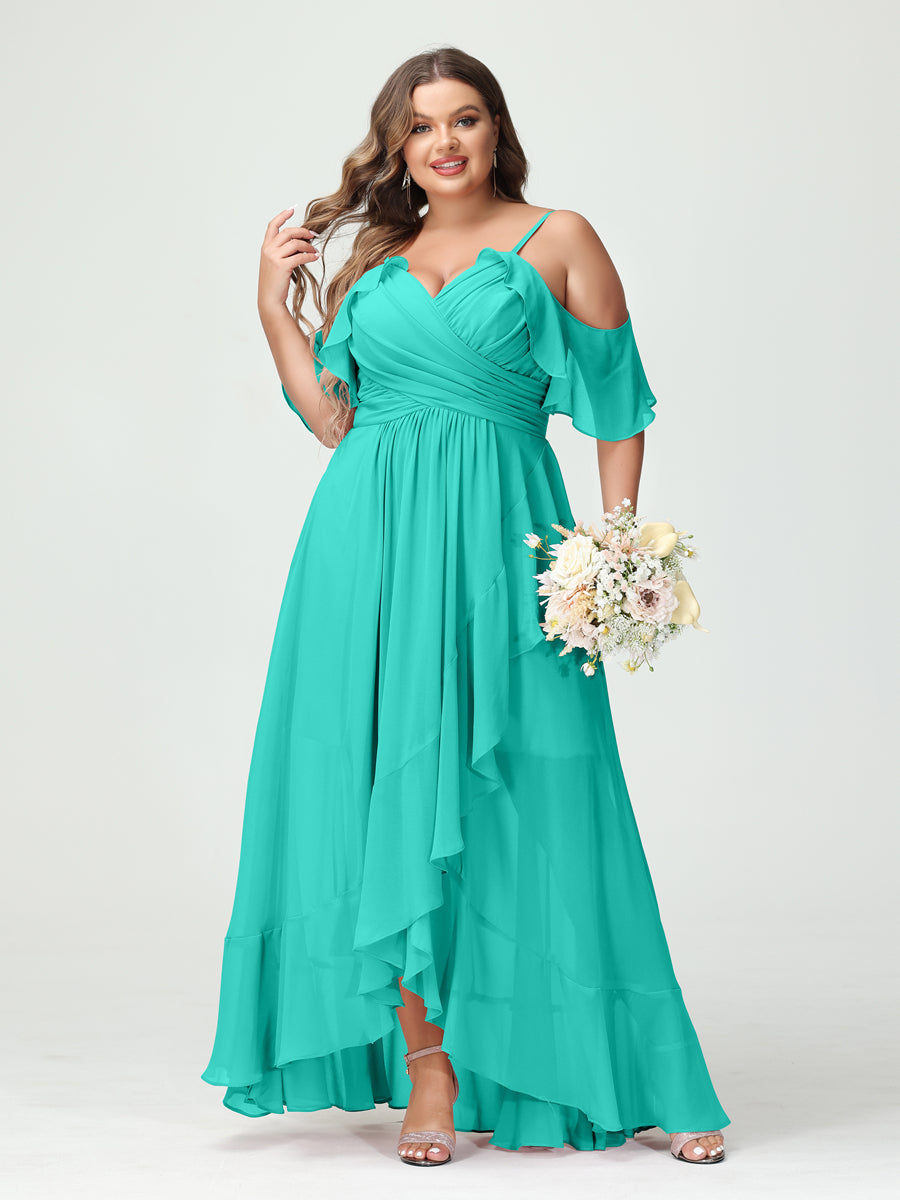 Princesa/Formato A Decote Em V Manga Curta Chiffon Folhos Assimétrico Plus Size Vestidos de Madrinha