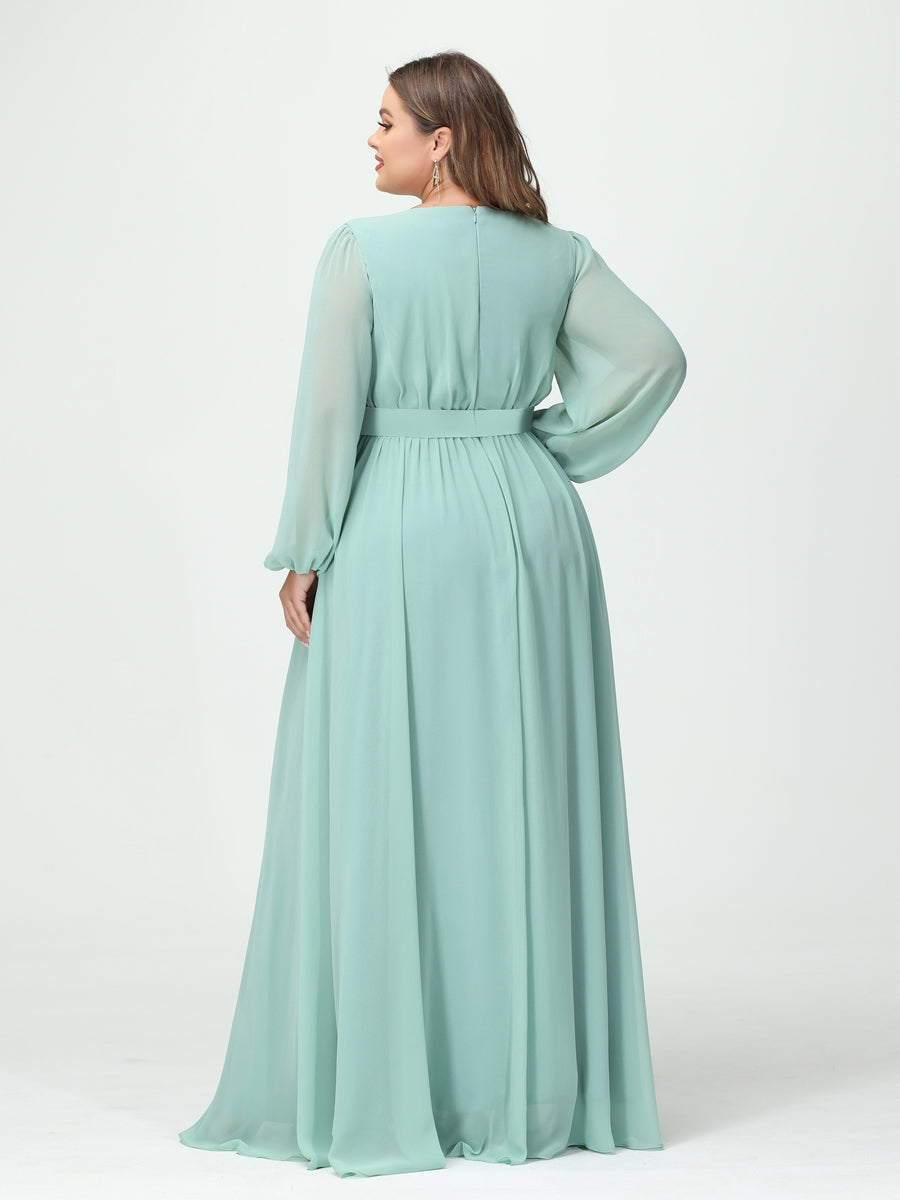 Princesa/Formato A Decote Em V Manga Comprida Chiffon Vestidos de Dama de Honra Plus Size com Bolsos