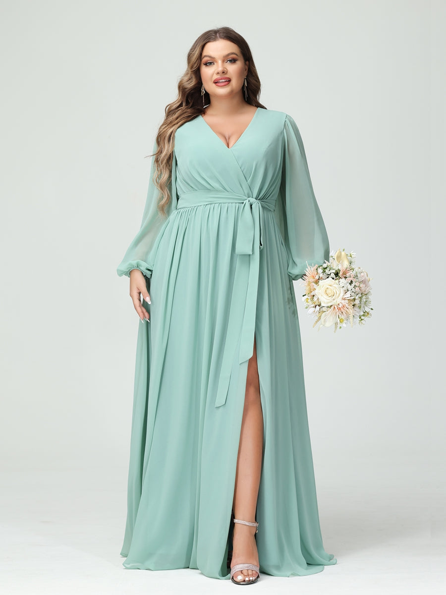 Princesa/Formato A Decote Em V Manga Comprida Chiffon Vestidos de Dama de Honra Plus Size com Bolsos