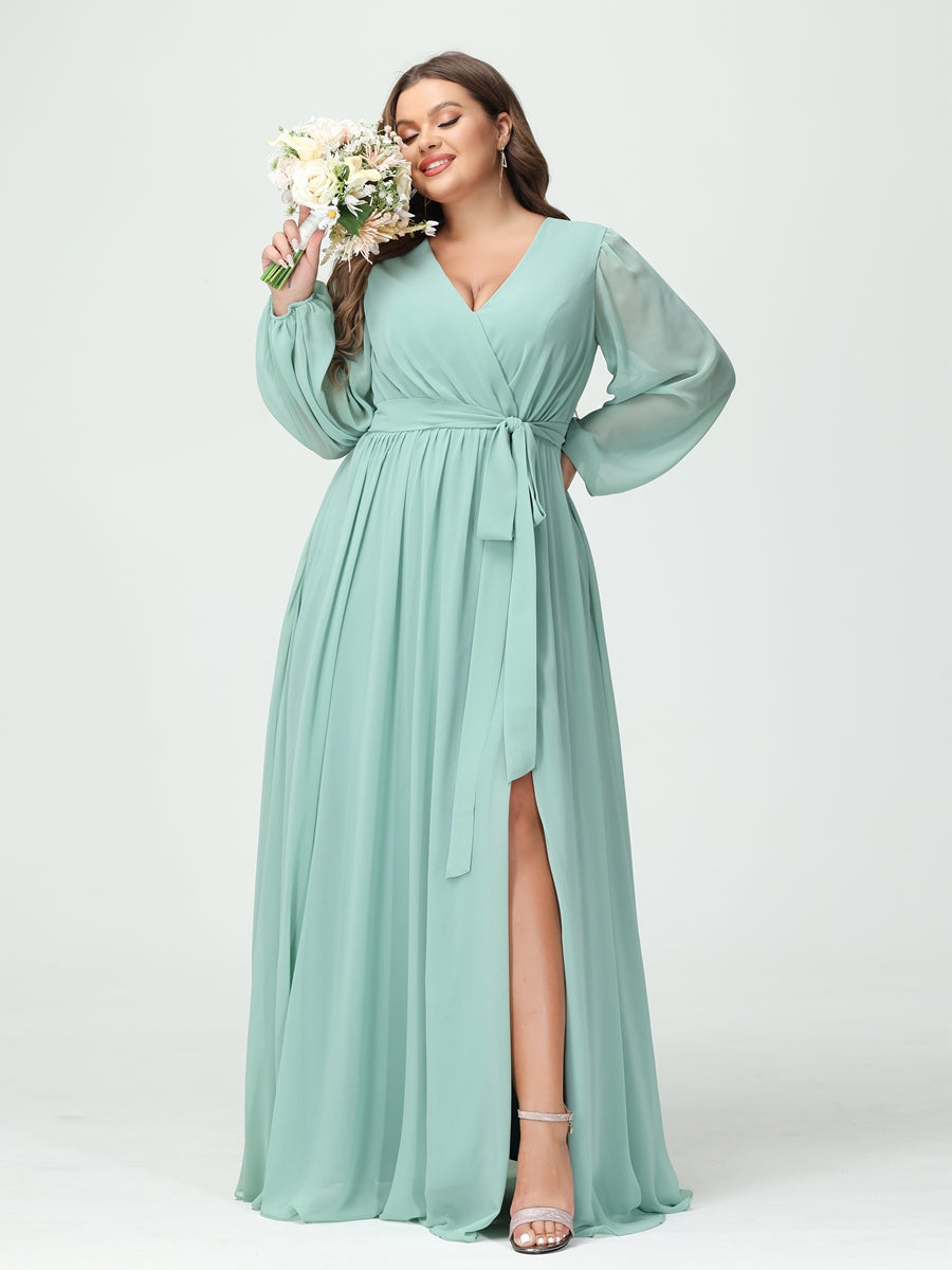 Princesa/Formato A Decote Em V Manga Comprida Chiffon Vestidos de Dama de Honra Plus Size com Bolsos