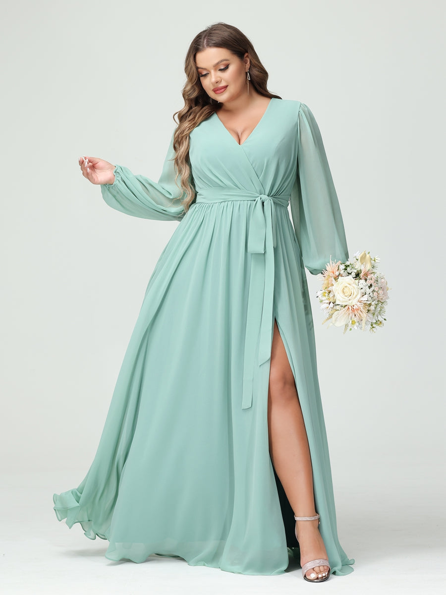 Princesa/Formato A Decote Em V Manga Comprida Chiffon Vestidos de Dama de Honra Plus Size com Bolsos