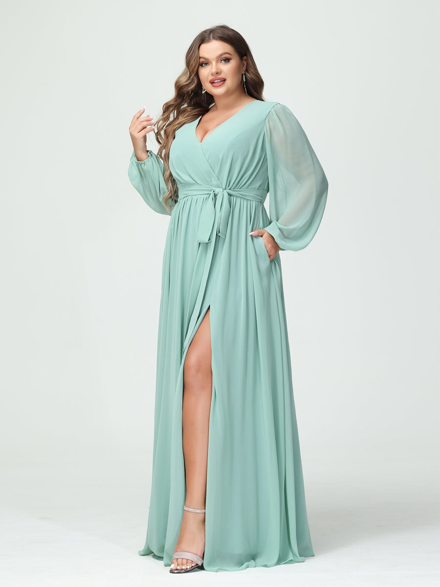 Princesa/Formato A Decote Em V Manga Comprida Chiffon Vestidos de Dama de Honra Plus Size com Bolsos